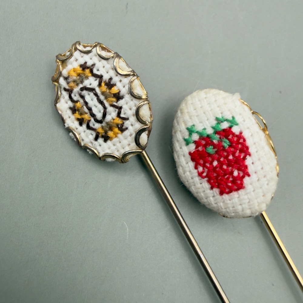 Stick Pin Set Strawberry Initial D Needlepoint Embroidered Gold Tone Hat Lapel